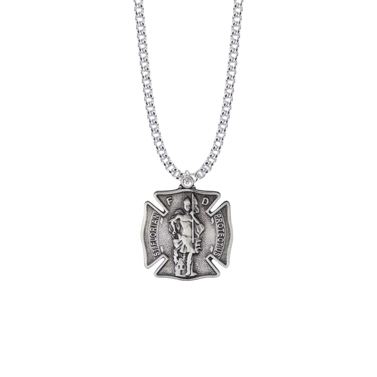 Extel Large Pewter St.Florian Shield Medal Pendant, Patron Saint of Firefighters for Men with 24" chain