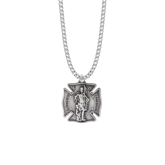 Extel Large Pewter St.Florian Shield Medal Pendant, Patron Saint of Firefighters for Men with 24" chain