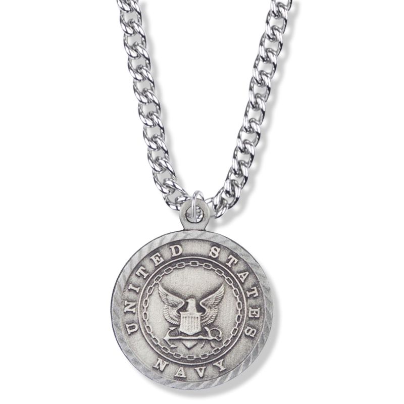 Extel Large Round Pewter U.S. Navy  Medal Pendant with Cross and Philippians 4:13 on the Back for Men Women with 24" chain