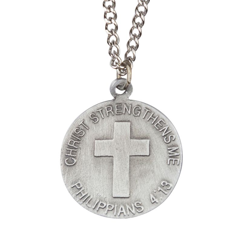 Extel Large Round Pewter U.S. Navy  Medal Pendant with Cross and Philippians 4:13 on the Back for Men Women with 24" chain