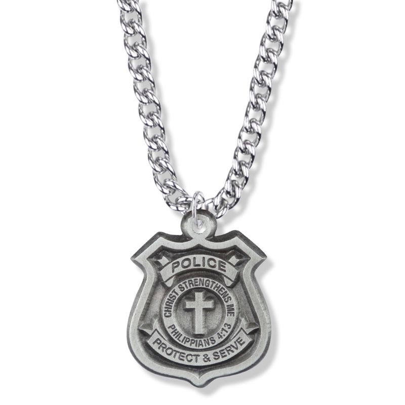 Extel Large Pewter Police Shield Medal Pendant with Cross and Philippians 4:13 on Back for Men Women with 24" chain