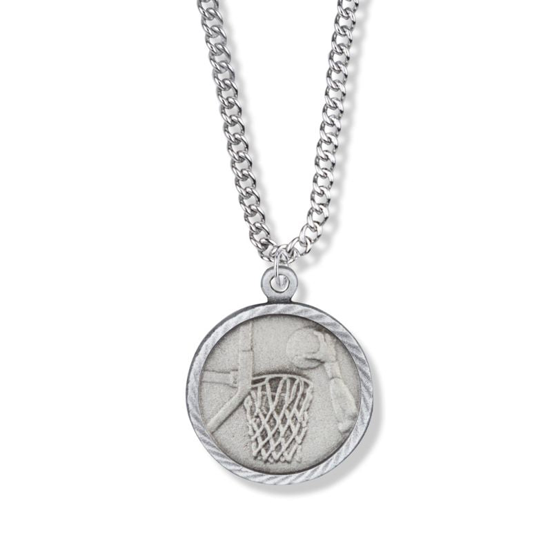 Extel Medium Pewter Round Basketball Medal Pendant with St. Christopher on Back for Boy Girl with 20" chain