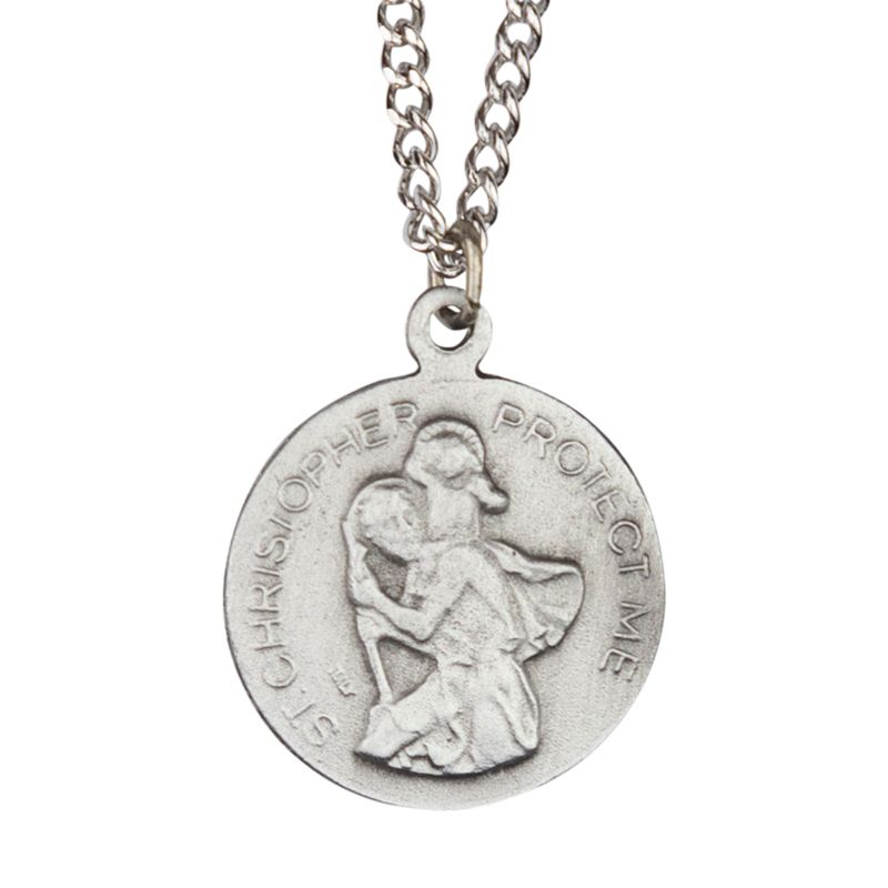 Extel Medium Pewter Round Basketball Medal Pendant with St. Christopher on Back for Boy Girl with 20 Inch Chain