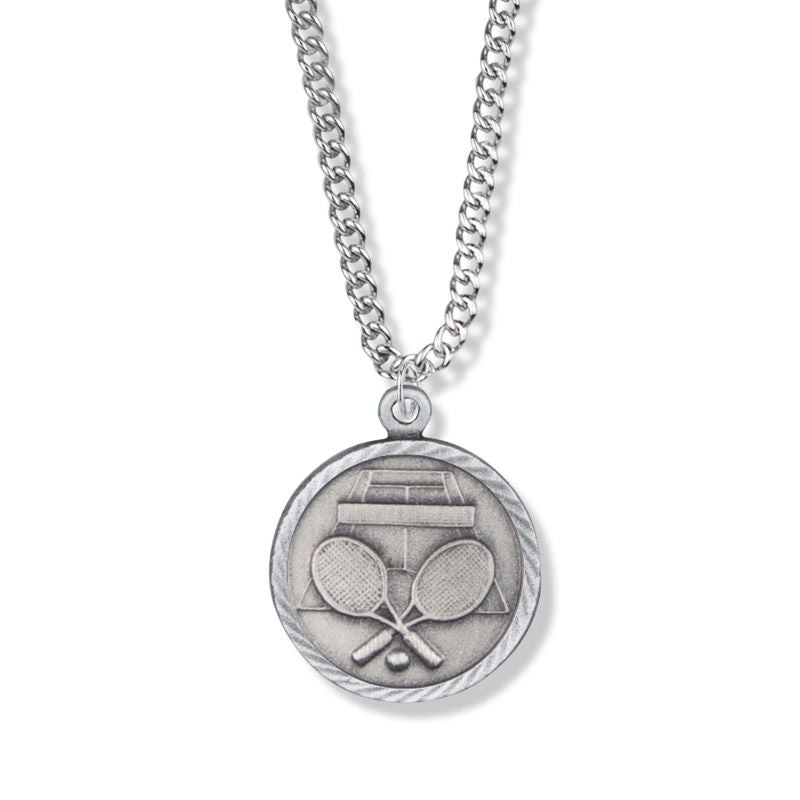 Extel Medium Pewter Round Tennis Medal Pendant with St. Christopher on Back for Boy Girl with 20" chain