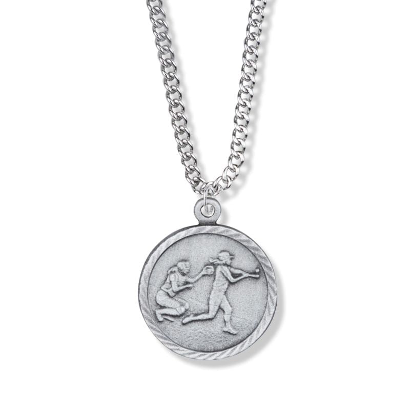 Extel Medium Pewter Round Girls Softball Medal Pendant with St. Christopher on Back with 20" chain