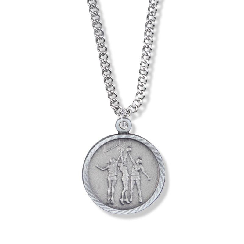 Extel Medium Pewter Round Girls Basketball Medal Pendant with St. Christopher on Back with 20" chain