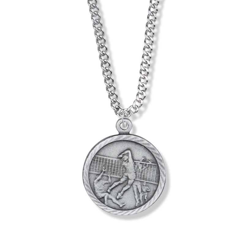 Extel Medium Pewter Round Girls Volleyball Medal Pendant with St. Christopher on Back with 20" chain