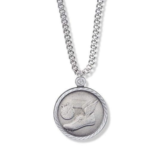 Extel Medium Pewter Round Track Medal Pendant with St. Christopher on Back for Boy Girl with 20" chain