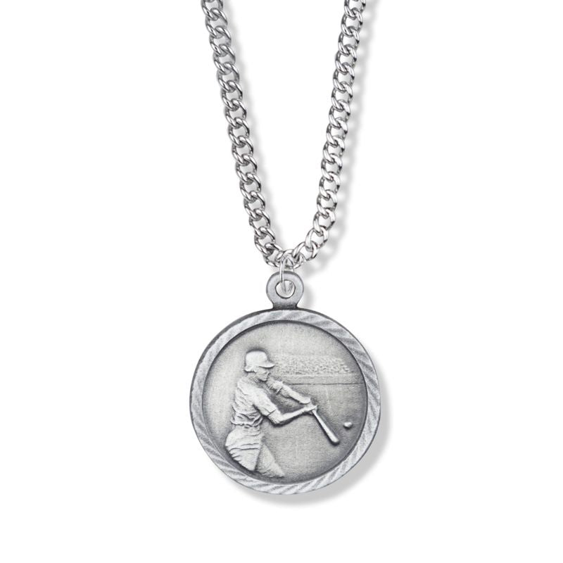 Extel Medium Pewter Round Boys Baseball Medal Pendant with Cross on Back with 20" chain