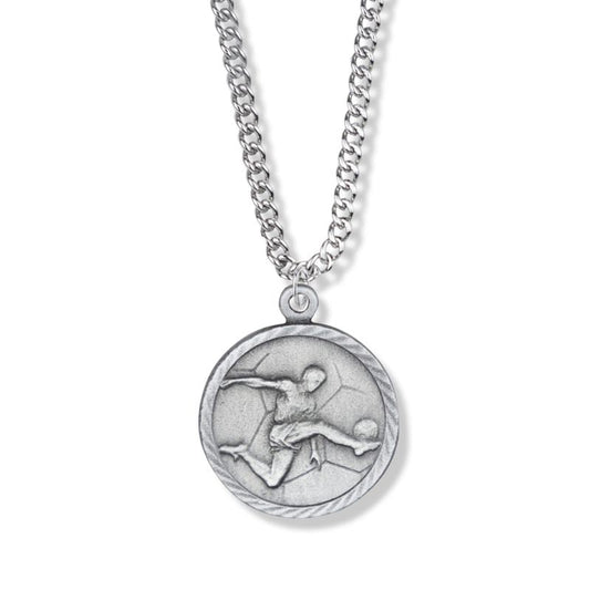 Extel Medium Pewter Round Boys Soccer  Medal Pendant with Cross on Back with 20" chain