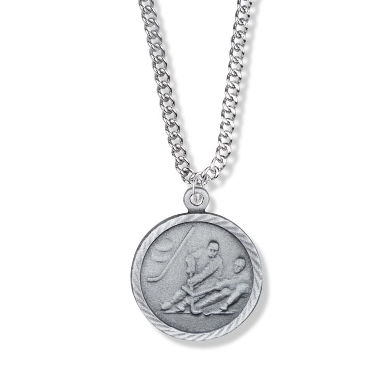 Extel Medium Pewter Round Boys Ice Hockey Medal Pendant with Cross on Back with 20" chain