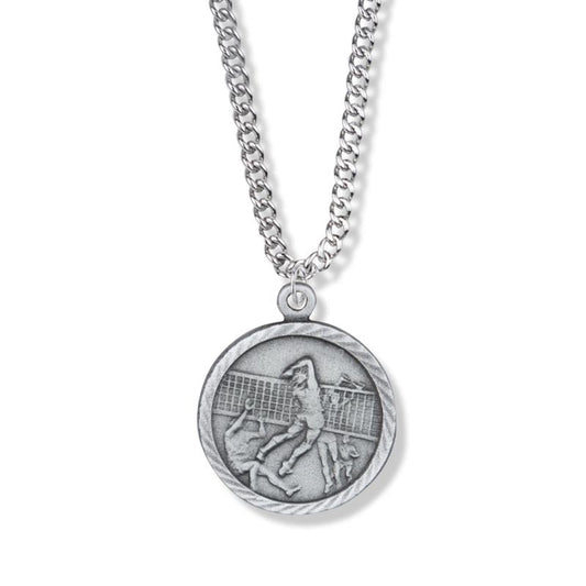 Extel Medium Pewter Round Boys Volleyball Medal Pendant with Cross on Back with 20" chain