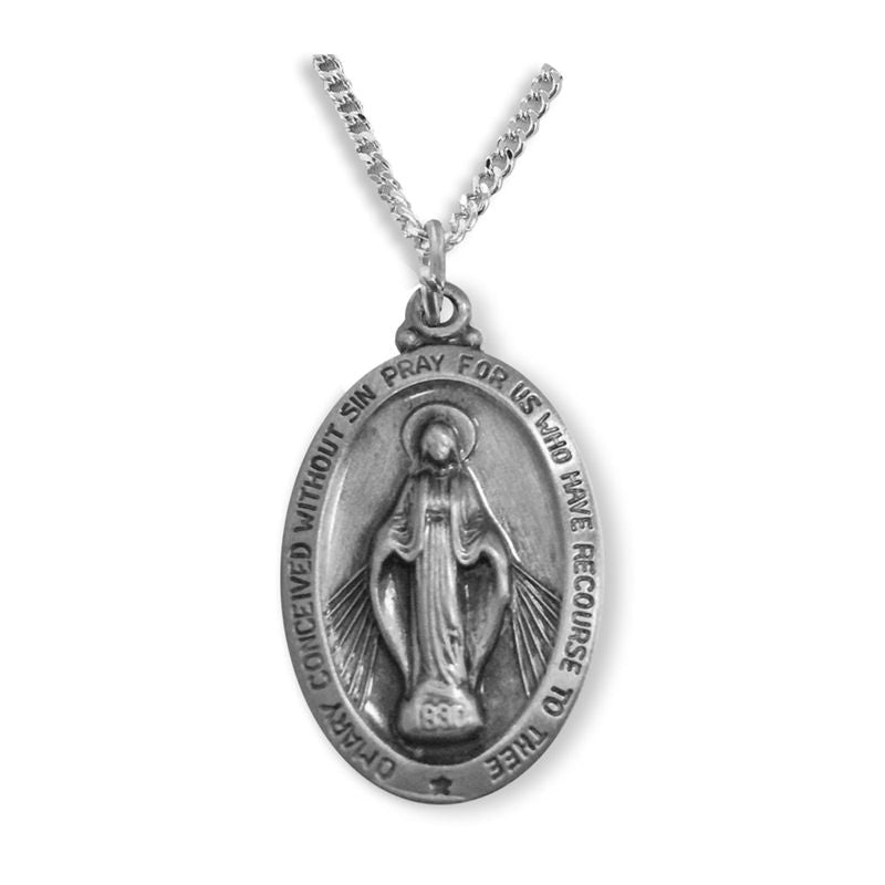 Extel Large Pewter Antiqued Oval Miraculous Medal Pendant for Men Women with 24" chain