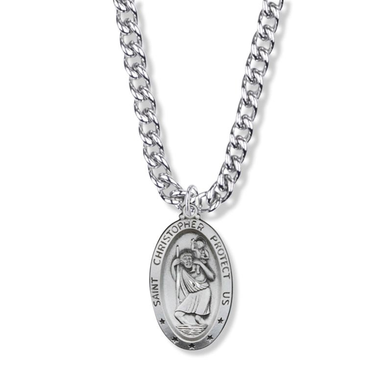 Extel Large Sterling Silver Oval St. Christopher Medal Pendant, Patron Saint of Travelers for Men with 24" chain