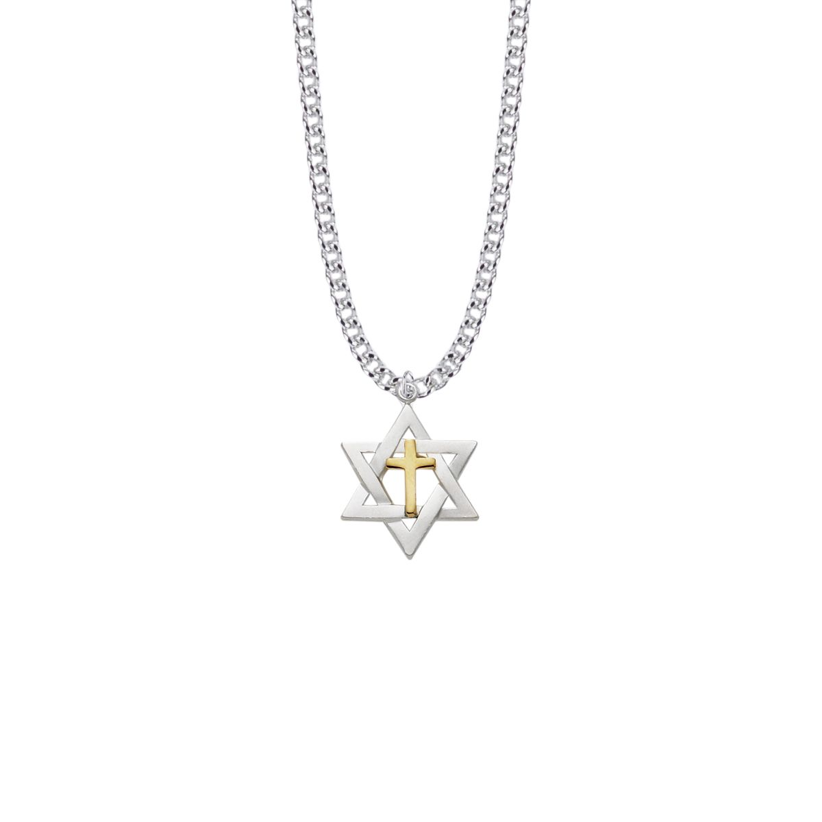 Extel Medium Sterling Silver Two-Tone Star of David with Cross Pendant for Men with 24" chain