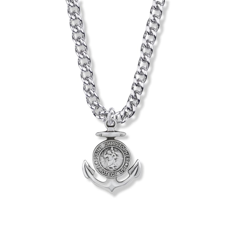 Extel Large Sterling Silver Anchor St. Christopher Medal Pendant, Patron Saint of Travelers for Men with 24" chain