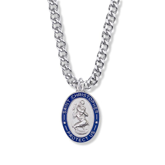 Extel Large Sterling Silver Oval with Blue Enameled Border St. Christopher Medal Pendant, Patron Saint of Travelers for Men with 24" chain