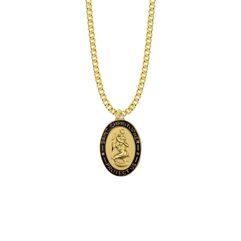 Extel Large 14KT Gold Plated Over Sterling Silver Oval with Black Enameled Border St. Christopher Medal Pendant, Patron Saint of Travelers for Men with 24" chain