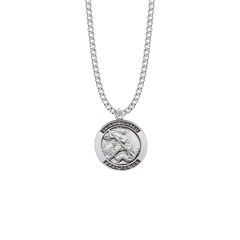 Extel Large Sterling Silver Round St. Michael Medal Pendant, Patron Saint of Police Officers for Men with 24" chain