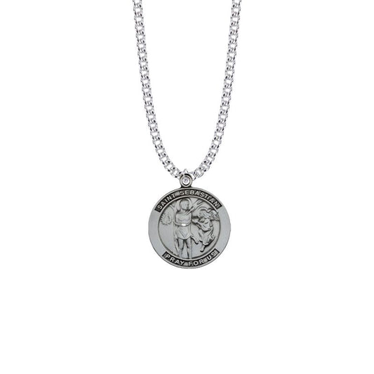 Extel Large Sterling Silver Large Round St. Sebastian Medal Pendant, Patron Saint Of Athletes for Men with 24" chain