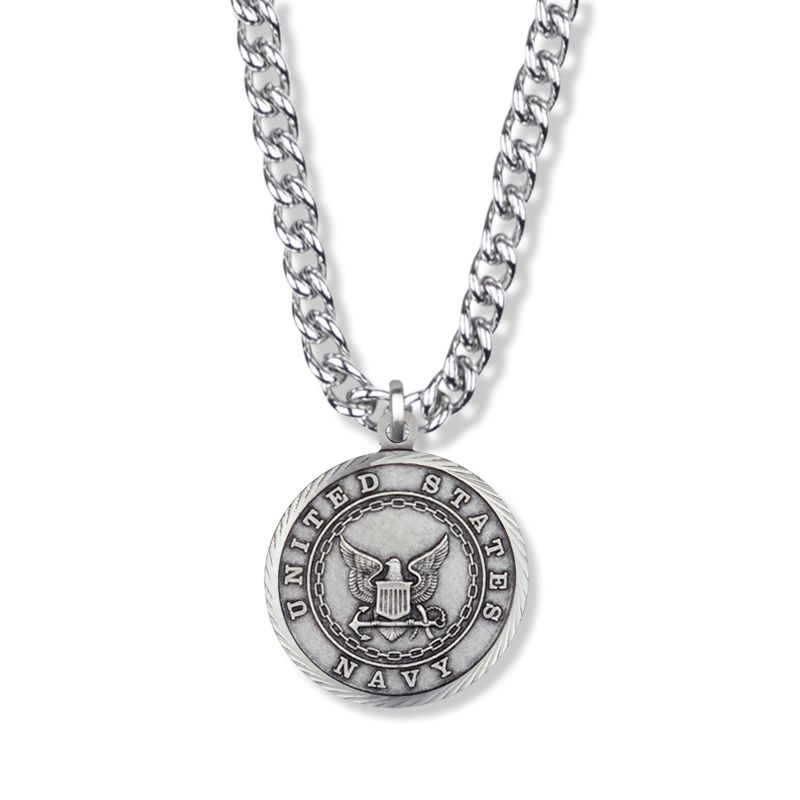 Extel Large Sterling Silver U.S. Navy Medal Pendant with St. Michael on Back for Men with 24" chain