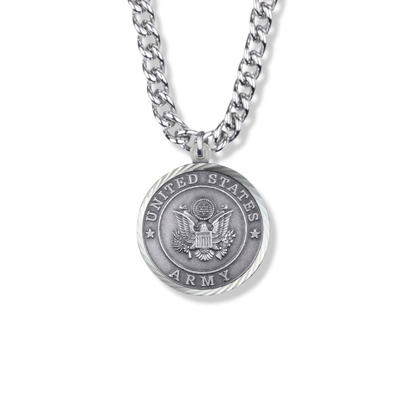 Extel Large Round Sterling Silver U.S. Army Medal Pendant with Cross and Philippians 4:13 on the Back for Men with 24" chain