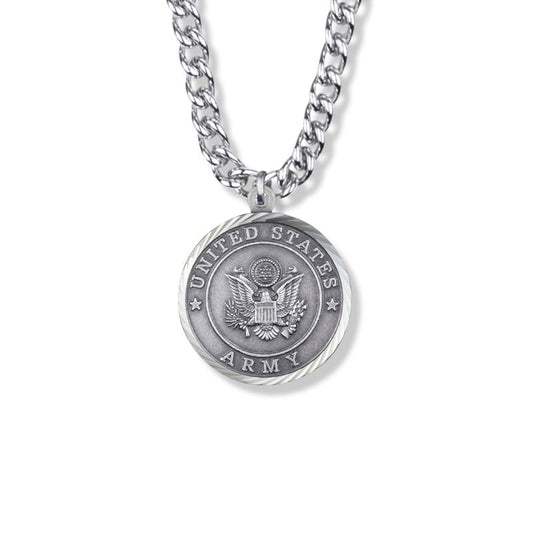 Extel Large Round Sterling Silver U.S. Army Medal Pendant with Cross and Philippians 4:13 on the Back for Men with 24" chain