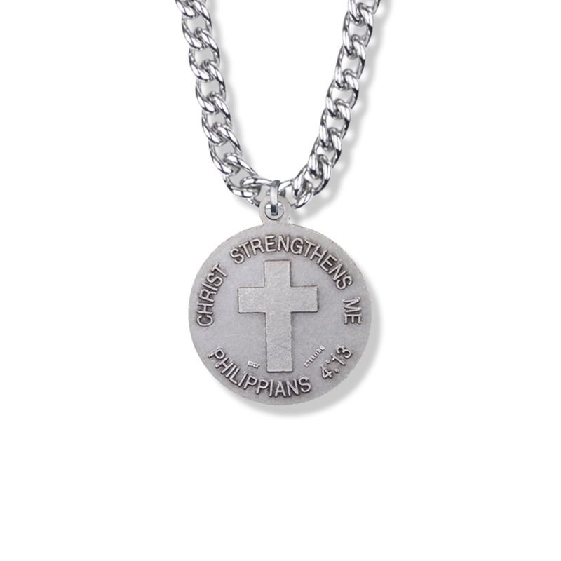 Extel Large Round Sterling Silver U.S. Army Medal Pendant with Cross and Philippians 4:13 on the Back for Men with 24" chain