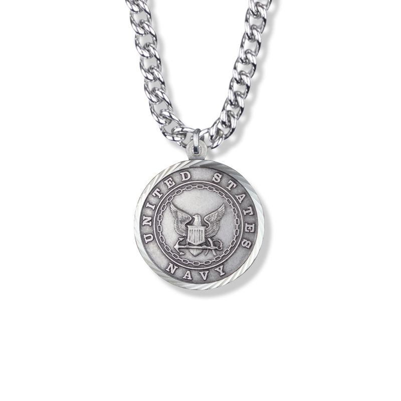 Extel Large Round Sterling Silver U.S. Navy Medal Pendant with Cross and Philippians 4:13 on the Back for Men with 24" chain