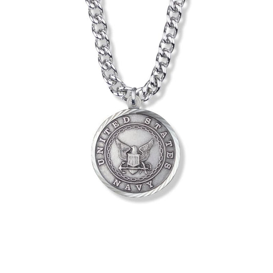 Extel Large Round Sterling Silver U.S. Navy Medal Pendant with Cross and Philippians 4:13 on the Back for Men with 24" chain