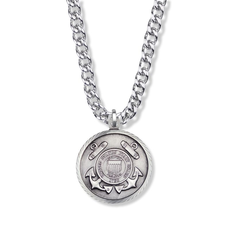 Extel Large Sterling Silver U.S. Coast Guard Medal Pendant with St. Michael on Back for Men with 24" chain