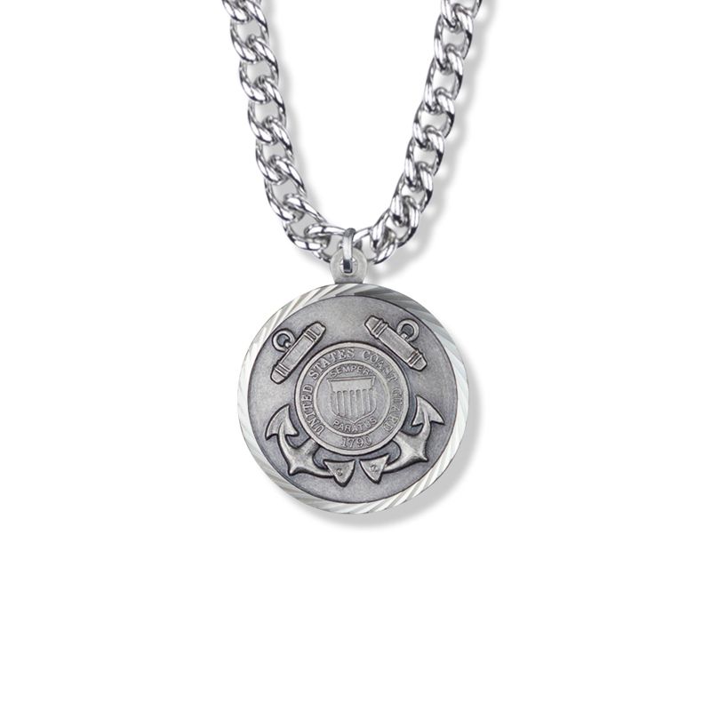 Extel Large Round Sterling Silver U.S. Coast Guard Medal Pendant with Cross and Philippians 4:13 on the Back for Men with 24" chain