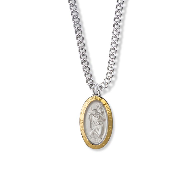 Extel Medium Two-Tone Sterling Silver Oval St. Christopher Medal Pendant, Patron Saint of Travelers for Men Women with 20" chain