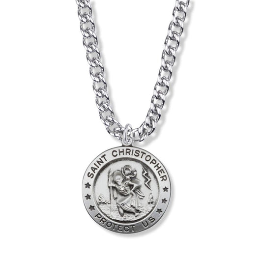 Extel Large Sterling Silver Round Engraved St. Christopher Medal Pendant, Patron Saint of Travelers for Men with 24" chain