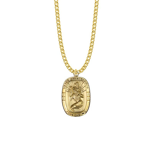 Extel Large 14KT Gold Plated Over Sterling Silver Rounded Rectangle St. Christopher Medal Pendant, Patron Saint of Travelers for Men with 24" chain