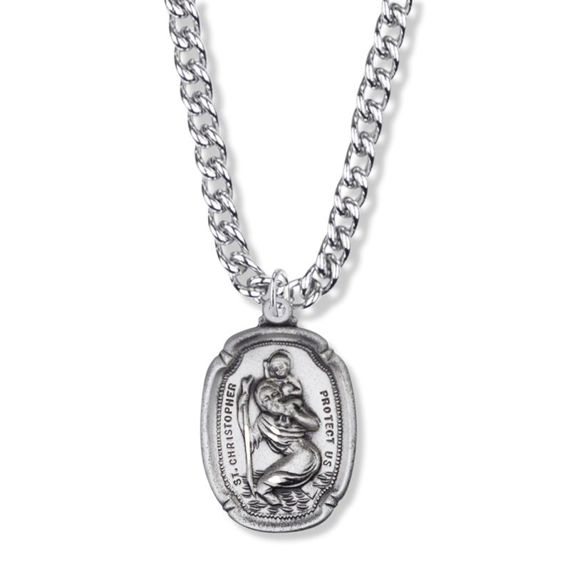 Extel Large Sterling Silver Shield St. Christopher Medal Pendant, Patron Saint of Travelers for Men with 24" chain