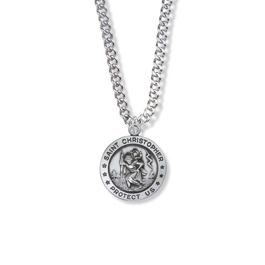 Extel Medium Sterling Silver Round St. Christopher Medal Pendant, Patron Saint of Travelers for Men Women with 20" chain