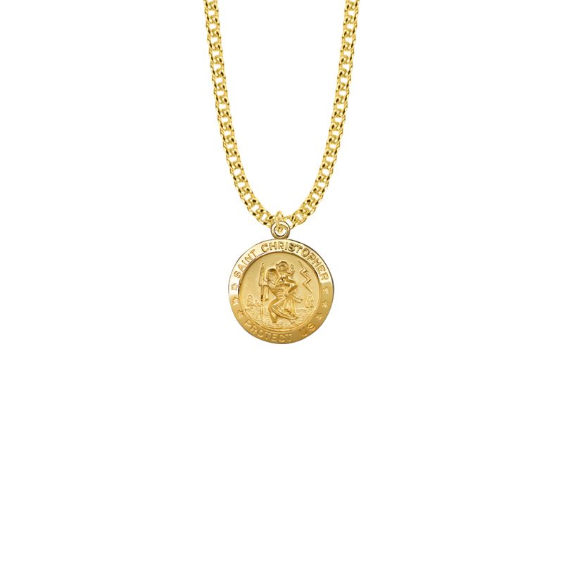 Extel Medium 14KT Gold Plated Over Sterling Silver Round St. Christopher Medal Pendant, Patron Saint of Travelers for Men Women with 20" chain