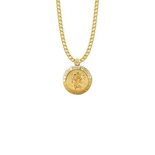 Extel Medium 14KT Gold Plated Over Sterling Silver Round St. Christopher Medal Pendant, Patron Saint of Travelers for Men Women with 20" chain