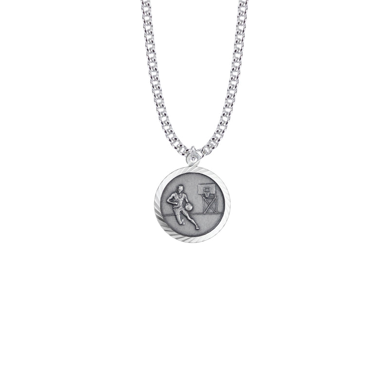 Extel Medium Round Sterling Silver Boy's Basketball Player Medal Pendant with St. Christopher on Back with 20" chain