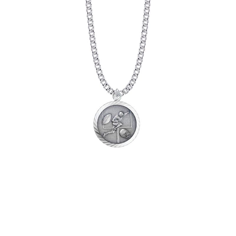 Extel Medium Round Sterling Silver Boy's Football Player Medal Pendant with St. Christopher on Back with 20" chain