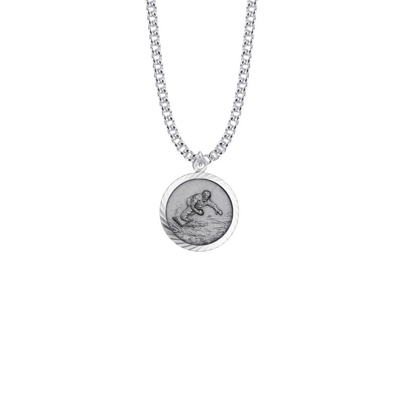 Extel Medium Round Sterling Silver Boy's Snowboarding Medal Pendant with St. Christopher on Back with 20" chain