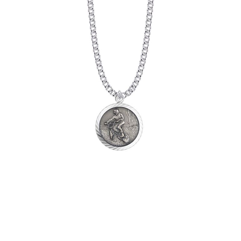 Extel Medium Round Sterling Silver Boy's Off Road Biker Medal Pendant with St. Christopher on Back with 20" chain