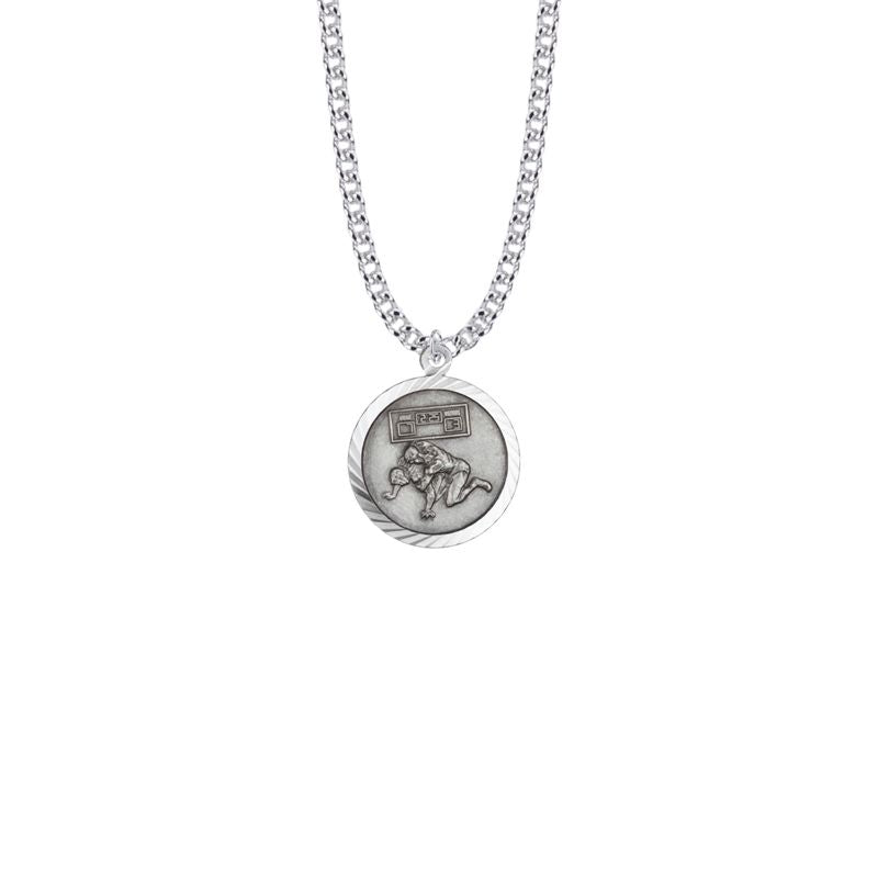 Extel Medium Round Sterling Silver Boy's Wrestling Medal Pendant with St. Christopher on Back with 20" chain