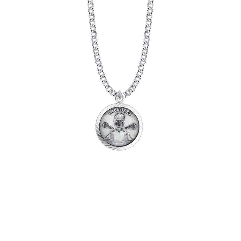 Extel Medium Round Sterling Silver Boy's Lacrosse Medal Pendant with St. Christopher on Back with 20" chain