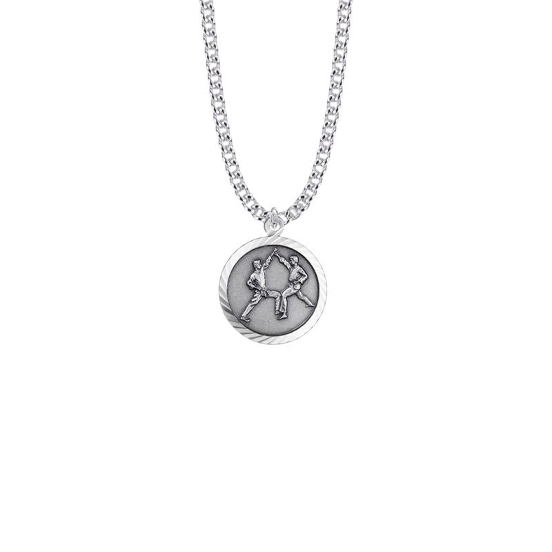 Extel Medium Round Sterling Silver Boy's Karate Medal Pendant with St. Christopher on Back with 20" chain