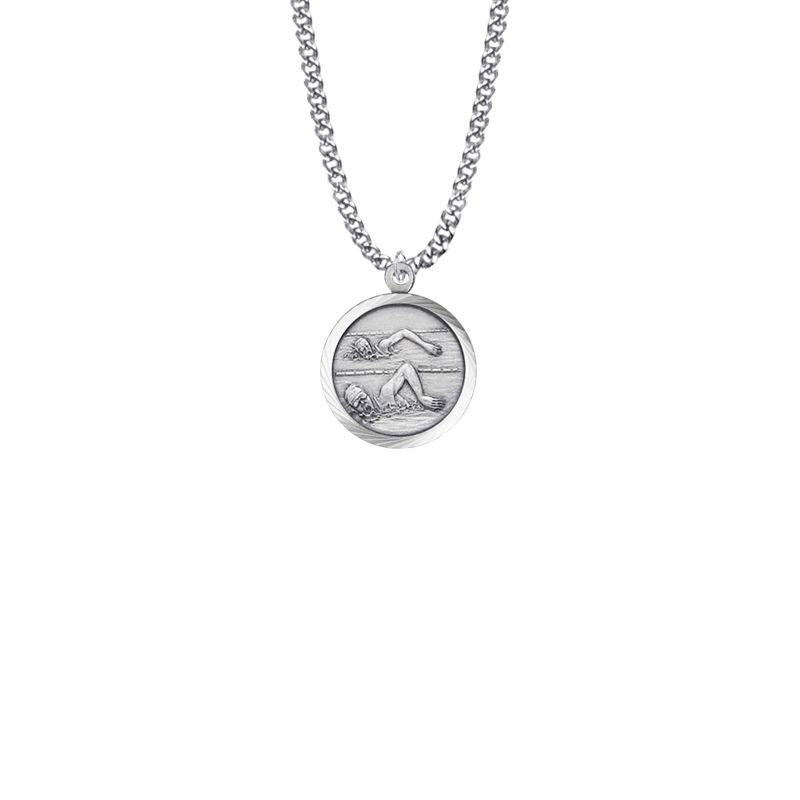 Extel Medium Round Sterling Silver Girl's Swimmer Medal Pendant with St. Christopher on Back with 18" chain