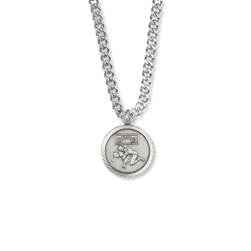 Extel Medium Round Sterling Silver Boy's Wrestler Medal Pendant with Cross on Back with 20" chain