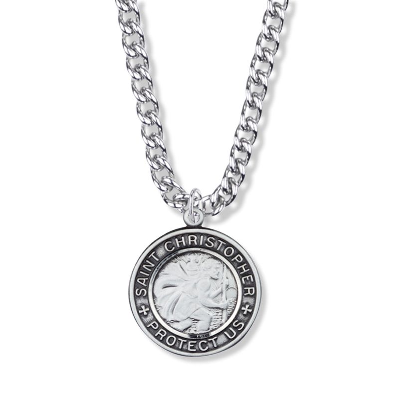 Extel Large Sterling Silver Round Engraved St. Christopher Medal Pendant, Patron Saint of Travelers for Men with 24" chain