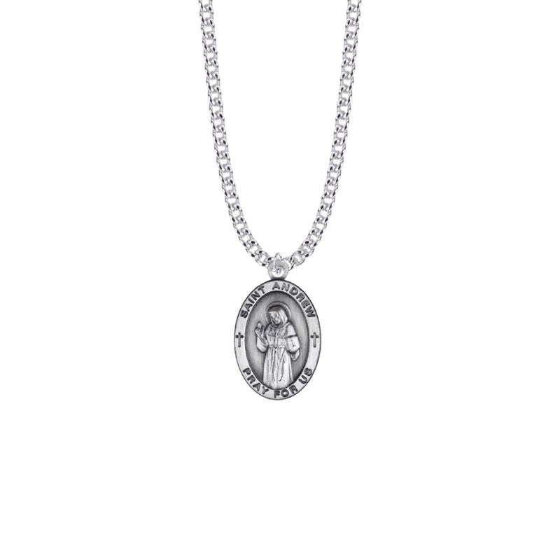 Extel Large Sterling Silver Oval St. Andrew Medal Pendant, Patron Saint of Fishermen for Men with 24" chain